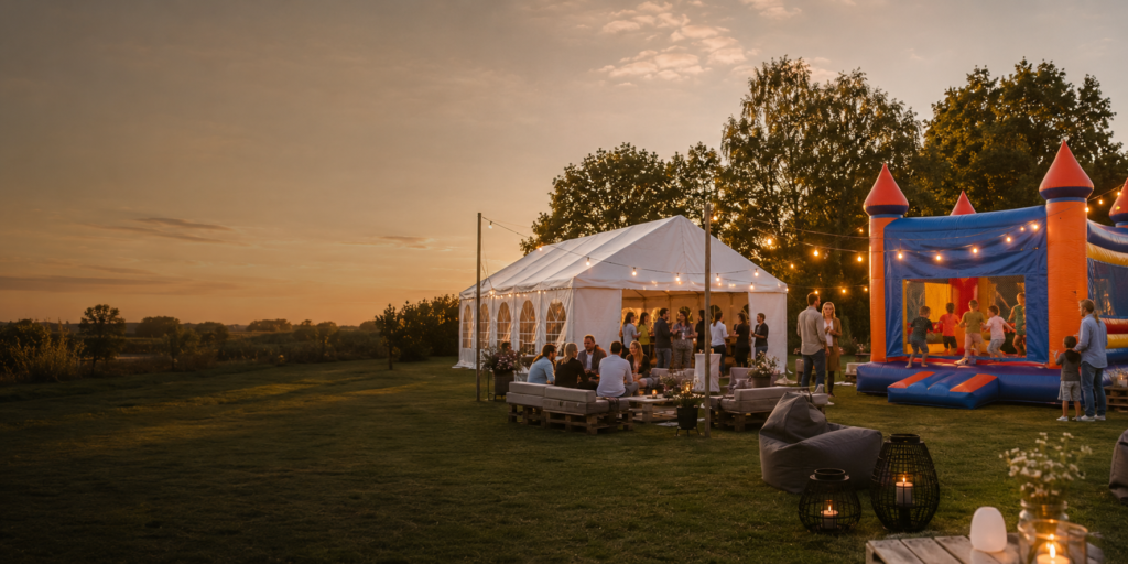Firmen-Sommerfest mit Zelt, Gästen und Hüpfburg am Abend